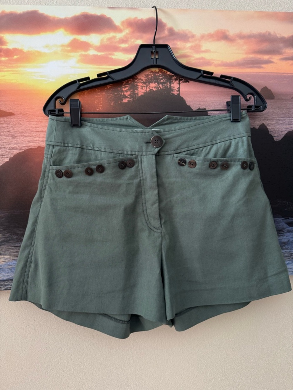 Derek Lam 10 Crosby/ Sage Green High-Waist Button-Trim Shorts/4